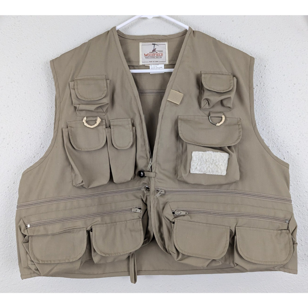 WoodField sz XL Fishing Vest men khaki zips utility lots of pockets 4680